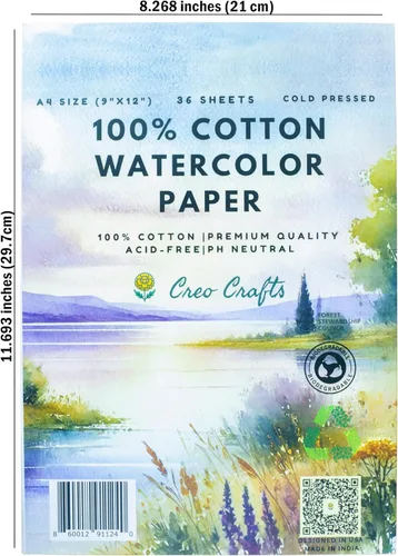 Miniatura 2 de Creo Crafts Papel de acuarela 100% algodón de 9 x 12 pulgadas, 36 hojas, A4, prensado en frío, sin ácidos, pH neutro, papel prémium de grado