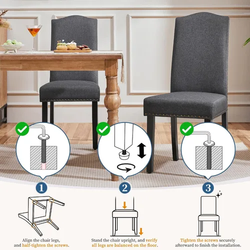 Miniatura 7 de Yaheetech Juego de 2 sillas de comedor tapizadas de tela moderna con patas de madera maciza y adornos de cabeza de clavo para cocina, sala de estar