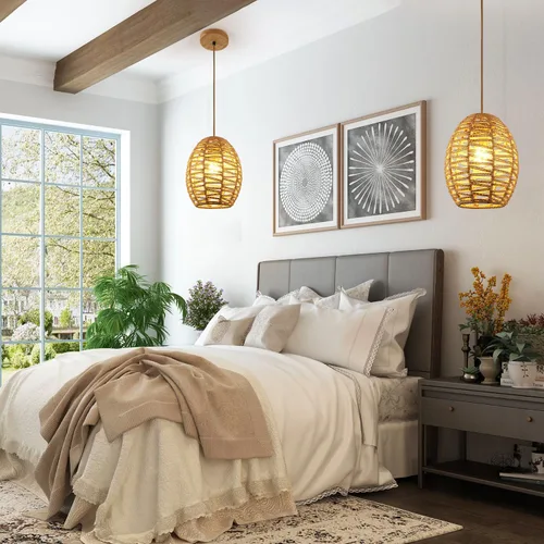 Miniatura 4 de DELIPOP Lámpara colgante, araña de ratán tejida a mano, luces colgantes ajustables bohemias para sala de estar, comedor, cocina, dormitorio, granja