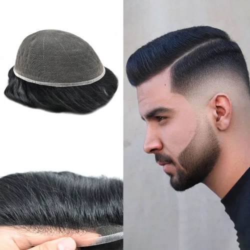 Miniatura 46 de Tupé para hombres cabello humano real sistema de cabello para hombre encaje francés completo 100% cabello humano postizos para hombres pieza de pelo