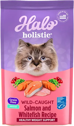 Halo Holistic - Alimento para gatos con fórmula de salmón y pescado blanco, sin granos, para un apoyo saludable del peso, croquetas para gatos de