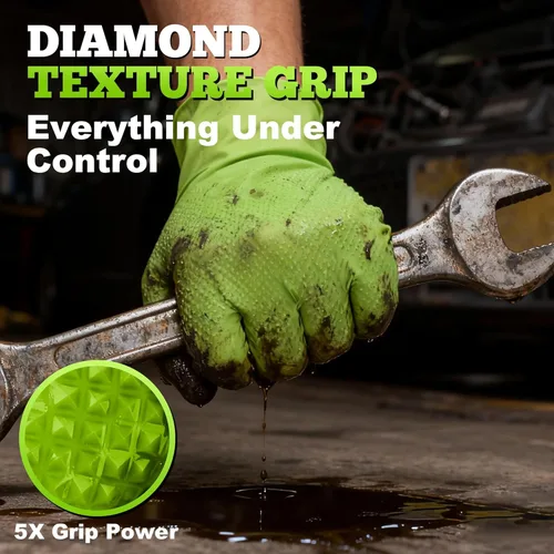 Miniatura 3 de TitanFlex Heavy Duty Industrial Nitrile Gloves with Raised Diamond Texture, 8-mil, Latex Free (Green/Dark Green/Yellow)