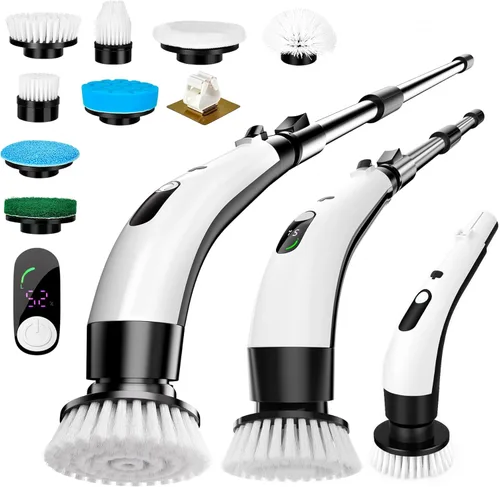 Limpiador giratorio eléctrico inalámbrico con 8 cabezales de cepillo, limpieza de mano y ducha con mango ajustable, IPX7 impermeable para ducha,