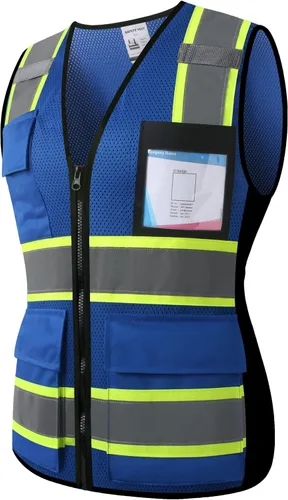 Miniatura 7 de Chaleco de seguridad reflectante para hombres y mujeres con 5 bolsillos y cierre frontal, chaleco de malla de alta visibilidad para construcción