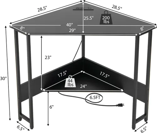 Miniatura 3 de Tangkula Escritorio esquinero con toma de corriente y puertos USB, escritorio triangular para computadora con estación de carga, estante de Negro