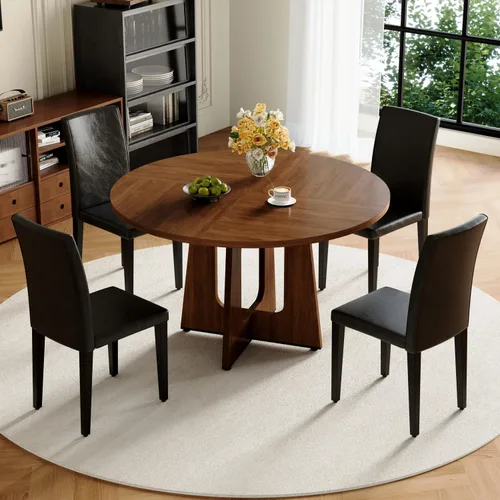 Juego de mesa de comedor redonda de 47 pulgadas para 4, mesa de grano de madera de nogal y 4 sillas tapizadas de piel sintética negra, juego de mesa