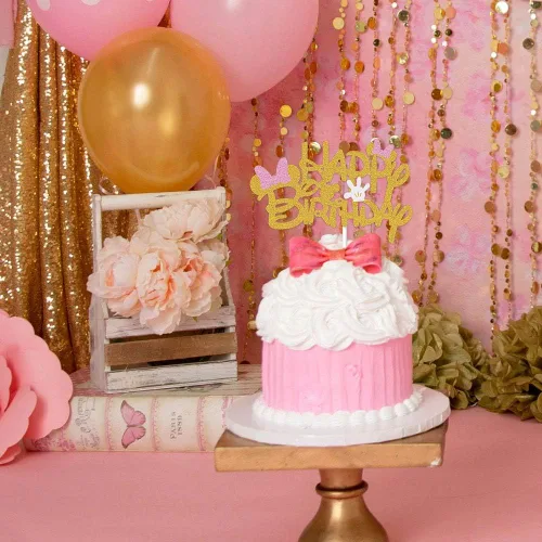 Miniatura 2 de Decoración de pastel de cumpleaños inspirada en Minnie con purpurina rosa y dorada con lazos rosas y guantes blancos para fiesta de cumpleaños
