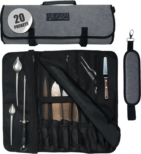 Miniatura 7 de Asaya Bolsa enrollable para cuchillos de chef, 20 bolsillos en total para cuchillos y utensilios de cocina, fabricada con nailon encerado resistente