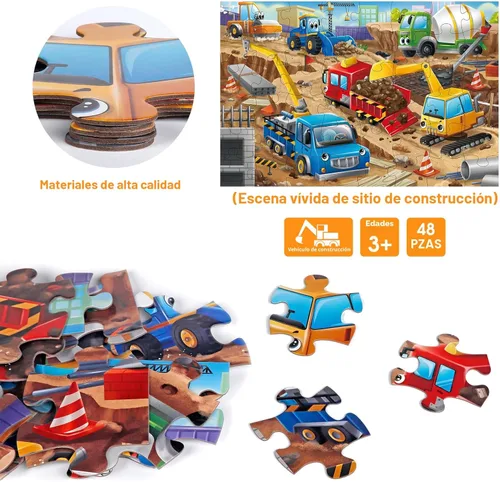 Miniatura 4 de Rompecabezas de piso jumbo para niños, rompecabezas grandes del sitio de construcción, rompecabezas de vehículos de construcción de 48 piezas