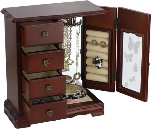 Miniatura 2 de RR ROUND RICH DESIGN Joyero de madera maciza para maquillaje y organizador de anillos para mujer, con 4 cajones integrados, collar carrusel y espejo
