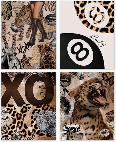 BESERH Decoración de pared vintage de leopardo negro, impresiones artísticas de 8 bolas de la suerte de guepardo, póster retro moderno de leopardo