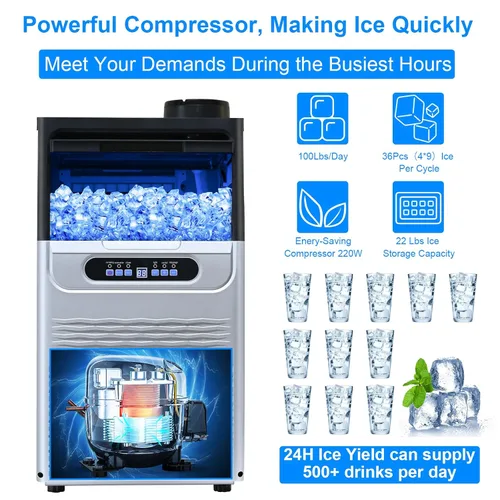 Miniatura 4 de Amzgachfktch - Máquina comercial para hacer hielo, 100 libras/24 horas, máquina para hacer hielo con 2 modos de entrada de agua, capacidad