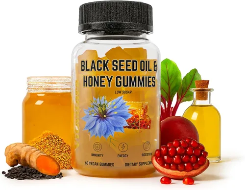 Gomitas de aceite de semilla negra y miel, con aceite de semilla de comino negro, vitamina C, cúrcuma y biotina, suplemento de apoyo inmunológico