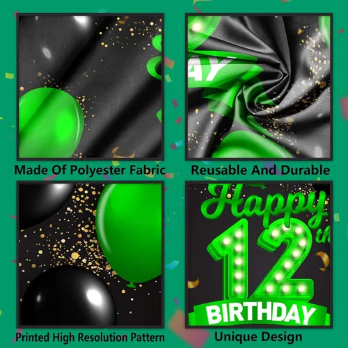 Miniatura 4 de Cartel de feliz cumpleaños número 12, color verde y negro, telón de fondo con texto en inglés "Cheers to 12 years old confeti", globos de confeti