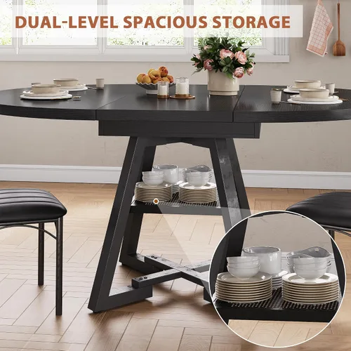 Miniatura 7 de Mesa de comedor redonda extensible de 43 a 57 pulgadas para 4-6, moderna mesa de comedor ovalada de cocina industrial con hojas extraíbles, base