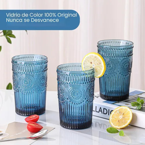 Miniatura 3 de ZMOWIPDL Juego de 6 vasos de cristal vintage para beber, 13 onzas, diseño de flores texturizadas azules, vasos de agua con rayas en relieve