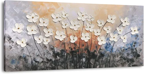 Miniatura 20 de Yihui Arts Pintura al óleo pintada a mano con flores texturizadas sobre lienzo, arte de pared floral blanco abstracto colorido para sala de estar