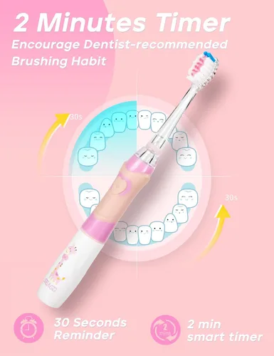 Miniatura 3 de SEAGO Cepillo de dientes eléctrico para niños con temporizador de 2 minutos de cepillado y 8 cabezales de repuesto, luz LED arcoíris para hacer que