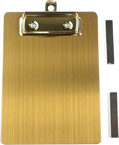 Portapapeles magnéticos de acero inoxidable 4 x 6, portapapeles dorados pequeños tamaño A6, tablero de clip de metal con clip de perfil bajo (4.3 x