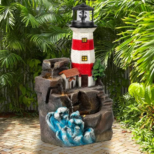 Miniatura 5 de Ferrisland Fuente de agua de 5 niveles con tronco de árbol, fuente grande con luces LED y bomba, 39.8" de alto, fuente independiente