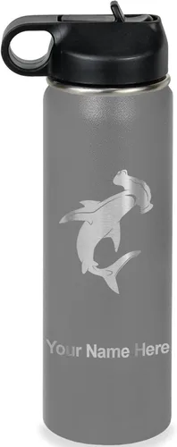 Miniatura 19 de LaserGram Botella de agua personalizada, tiburón martillo, acero inoxidable de doble pared aislada al vacío con popote superior, regalo grabado