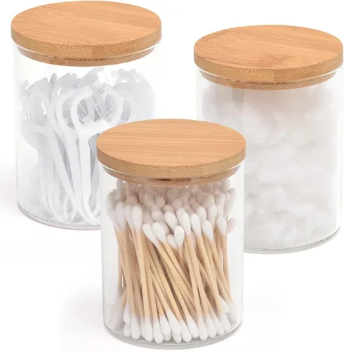 Miniatura 8 de BKYFPQ Juego de 2 dispensadores de vidrio para Qtip - Tarros de boticario con tapas, organizador de maquillaje de tocador y organizador