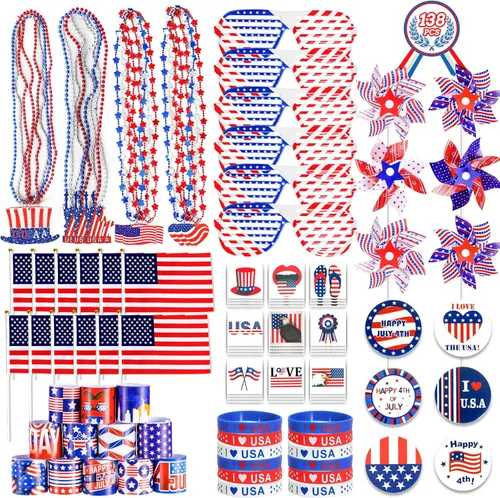 MGparty Accesorios para el 4 de julio, 138 piezas de suministros patrióticos para fiestas, decoraciones del 4 de julio, celebraciones del Día de la