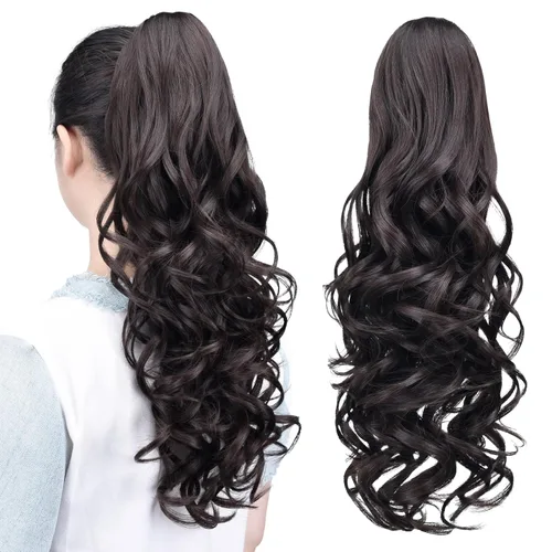 Miniatura 26 de Extensiones de cola de caballo, extensiones de cabello rizado con clip de garra de color marrón oscuro para mujer, peluca sintética de cola