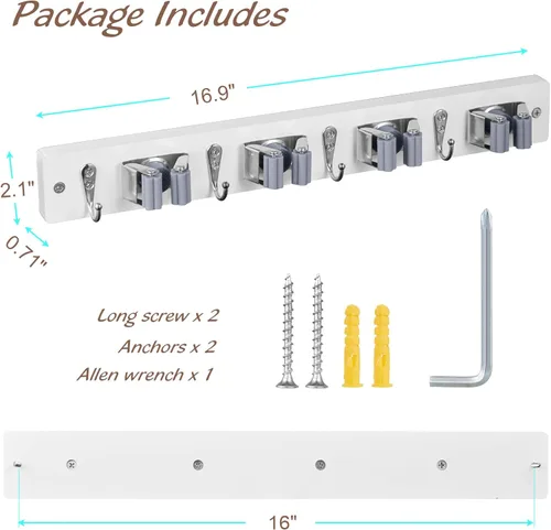 Miniatura 6 de OUTNILI Paquete de 2 Soporte para Escoba y Trapeador de Montaje en Pared - Colgador de Escoba y Trapeador de Madera Blanca - Organizador de Rack