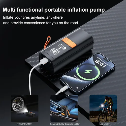 Miniatura 6 de Compresor de aire portátil para inflador de neumáticos, compresor de aire de 150 PSI con medidor de presión de neumáticos, 15000 mAh y bomba de aire