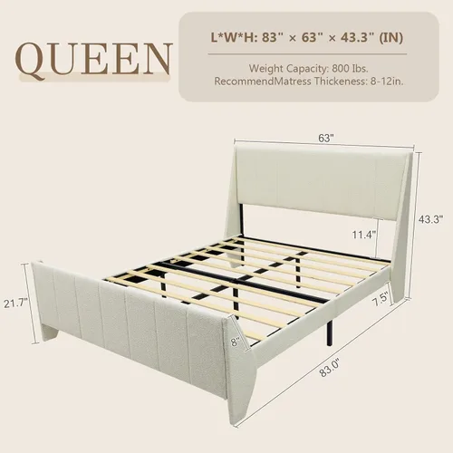 Miniatura 2 de Brafab Full Boucle - Base de cama tapizada con cabecera con respaldo de ala, no necesita somier, fácil montaje, cama de plataforma con listones