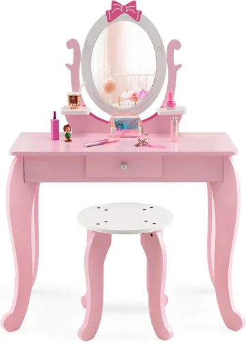Miniatura 9 de HONEY JOY Juego de tocador para niños, Espejo ovalado de rotación 360 grados, juego de tocador de maquillaje de princesa para niñas pequeñas, juego