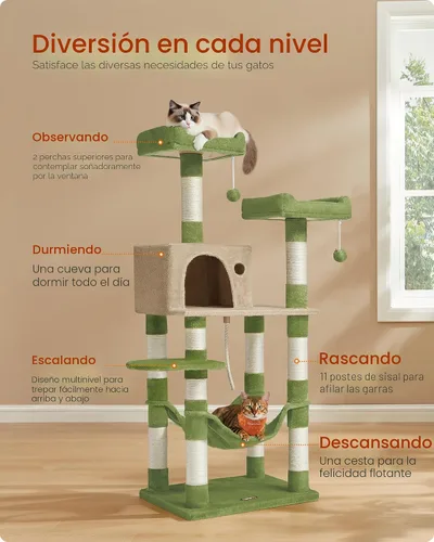 Miniatura 4 de Feandrea Árbol para gatos, torre para gatos de 56.3 pulgadas, condominio de felpa de varios niveles con 11 postes rascadores, 2 perchas, hamaca