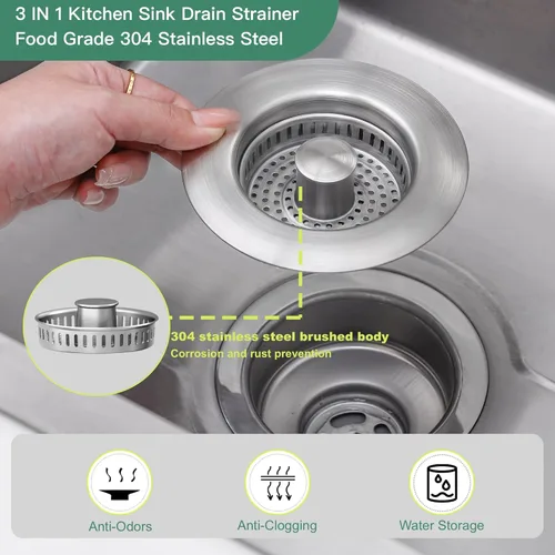 Miniatura 3 de Colador de drenaje para fregadero de cocina 3 en 1, tapón de fregadero desplegable de acero inoxidable 304, tapón antiobstrucción para fregadero