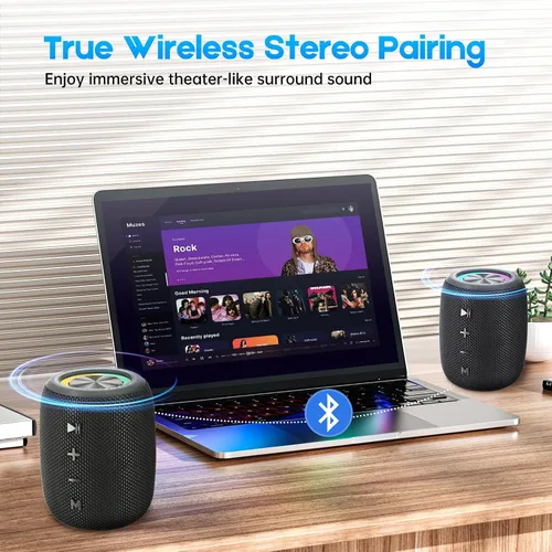 Miniatura 7 de Altavoz Bluetooth portátil, altavoz inalámbrico BT5.3 de 20W con diafragmas de graves, luces LED multimodos dinámicos, IPX6 resistente al agua