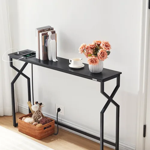 Miniatura 5 de MAHANCRIS Mesa de sofá de 44.9 pulgadas, mesa consola estrecha de 9.4 pulgadas con estación de carga, mesa de sofá detrás del sofá con Negro