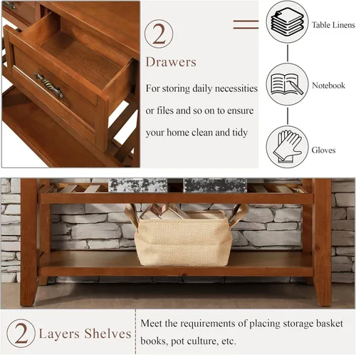 Miniatura 6 de LKTART Mesa consola de madera maciza con cajones de almacenamiento y estantes, mesas de sofá, mesa de entrada para sala de estar, detrás del sofá