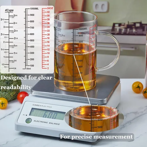 Miniatura 3 de Ackers BORO3.3 Taza medidora de vidrio - [Asa aislada Boca en forma de V] - Hecha de vidrio de borosilicato de alta calidad, taza medidora