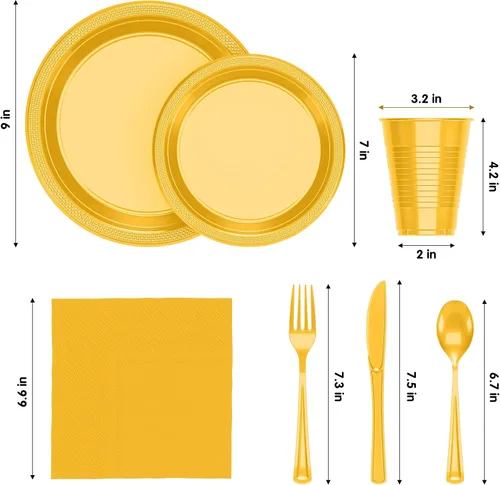 Miniatura 2 de 350 Piezas Platos de Plástico Amarillos Para Fiestas, Juego de Platos Desechables Amarillos, 50 de Cada Juego de Platos de Cena de 9", Plato