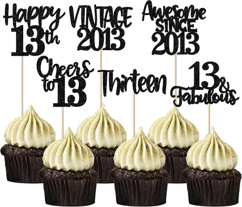Miniatura 53 de Rsstarxi Paquete de 24 adornos para cupcakes vintage 2019 con purpurina negra para 5º cumpleaños, saludos a 5, cinco, 5, 5 fabulosos para cupcakes