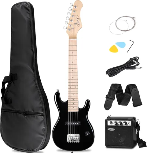 ZENY Guitarra eléctrica para niños de 30 pulgadas con amplificador de 5 W, bolso de concierto, correa, cable, cuerdas y púas, kit de accesorios Negro