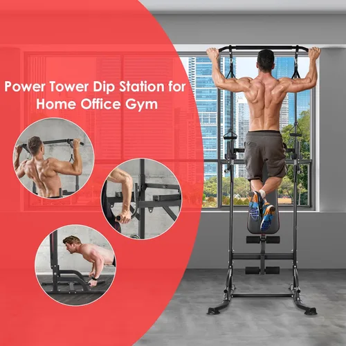 Miniatura 7 de Arlopu Torre de Potencia con Banco, Soporte de Barra de Dominadas, Barra de Fondos con Banco Plegable, 4 Cuerdas Entrenamiento de Fuerza, Equipo