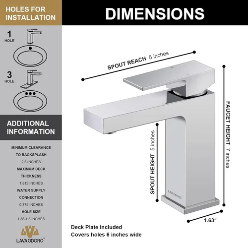 Miniatura 4 de Lava Odoro - Grifo de baño cromado, grifo de baño de un solo agujero, grifo de lavabo de baño de una sola manija con ensamblaje de drenaje Cromo