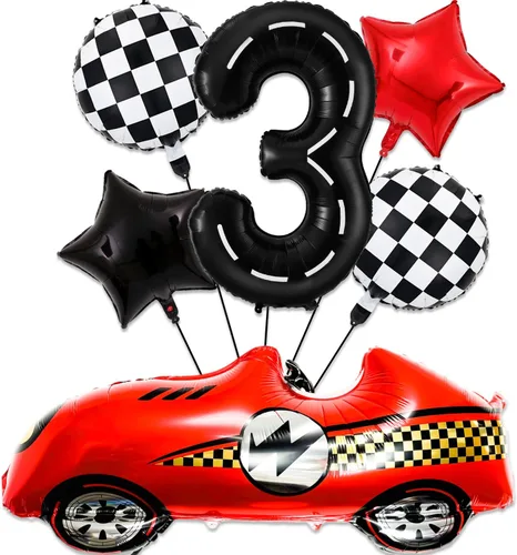 Miniatura 9 de Decoraciones de cumpleaños de carreras de 1 año, globos rojos grandes de coche de carreras de 40 pulgadas, globo negro número 1, globo a cuadros