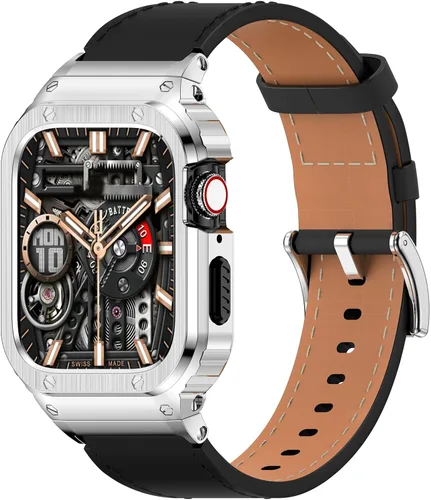 Miniatura 19 de SUPLINK Correa de cuero con funda de acero inoxidable para Apple Watch Ultra 3/2/1 y SE 3/2/1 y Series 11 10 9 8 7 6 5 4 3 2 1 1.929 in 1.811 in