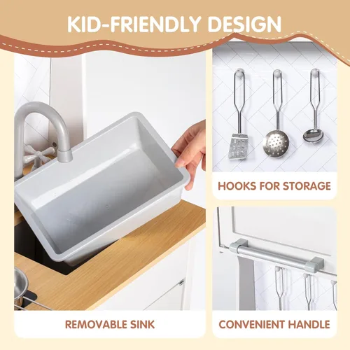 Miniatura 3 de BRINJOY Juego de cocina para niños, cocina de madera para niños con grifo, fregadero, estufa, horno, utensilios de cocina, gabinetes de Blanco