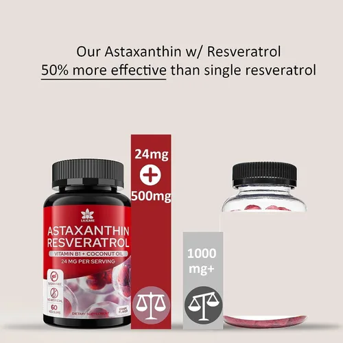 Miniatura 6 de Suplementos de astaxantina de 24 mg con resveratrol, vitamina B1, aceite de coco, antioxidantes orgánicos de algas para hombres y mujeres