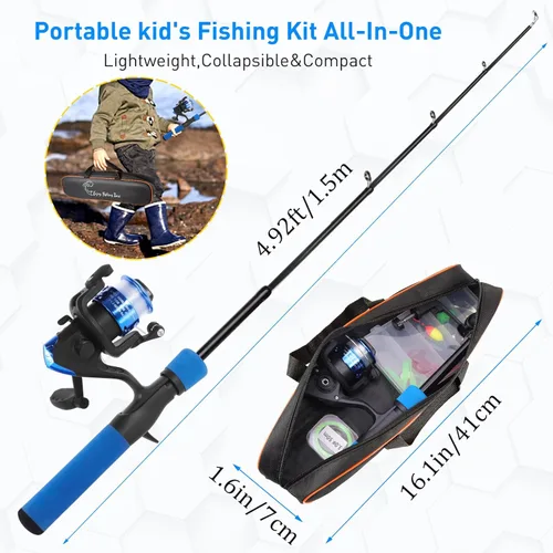 Miniatura 3 de Kit de caña de pescar para niños, caña telescópica de 59 pulgadas y carrete para principiantes con carrete Spincast, caja de aparejos, bolsa