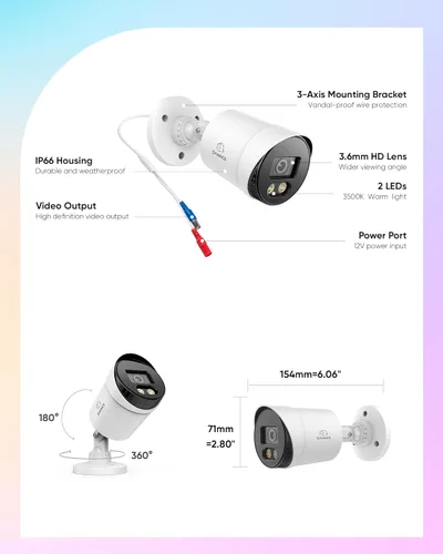 Miniatura 7 de SANNCE Cámara de Seguridad con Cable Bullet TVI de Visión Nocturna a Todo Color 1080P, 2 Luces Cálidas, IP66 Resistente a la Intemperie para Uso