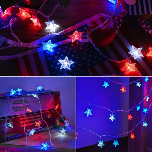 Miniatura 7 de Luces decorativas del 4 de julio, color rojo, blanco y azul, funciona con pilas, 50 LED, cadena patriótica de estrellas de 20 pies, 8 modos